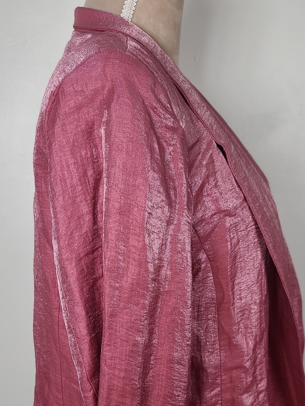 Vtg Y2K Eileen Fisher Shimmer Rouge Pink Open-Front Shawl Collar Blazer Jacket L - Picture 7 of 15